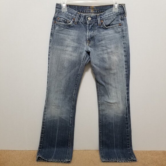 7FAM jeans 26 bootcut lightly distressed low rise 100% cotton denim whiskered - Picture 1 of 15
